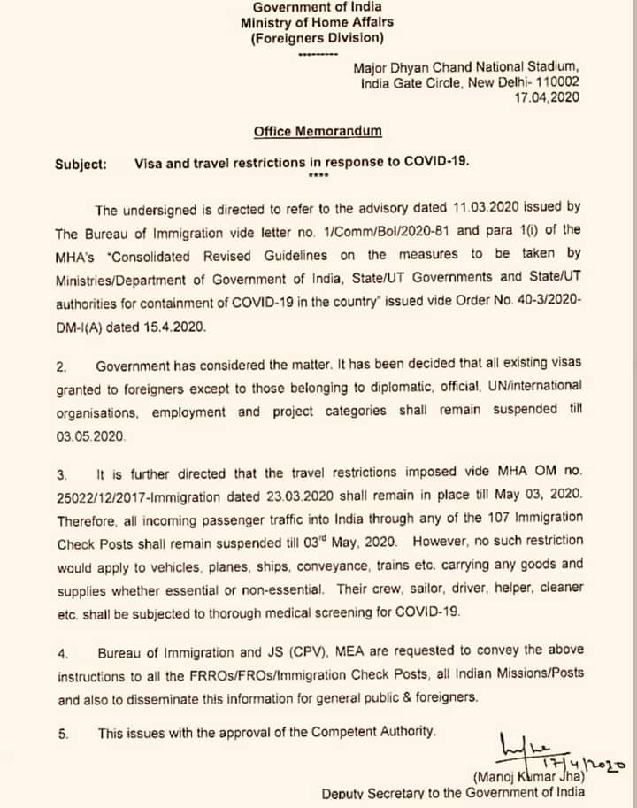 Travel and Visa restrictions in response to COVID-19 dated 17 April 2020